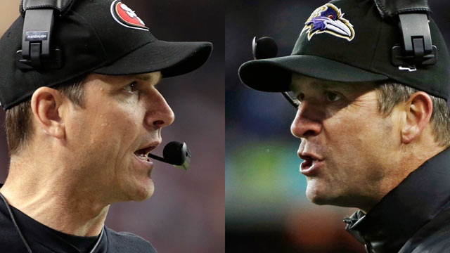 PHOTO: This split image photos shows San Francisco 49ers head coach Jim Harbaugh, left, in Atlanta, and Baltimore Ravens head coach John Harbaugh in Foxborough, Mass., during their NFL football conference championship games on Jan. 20, 2013.