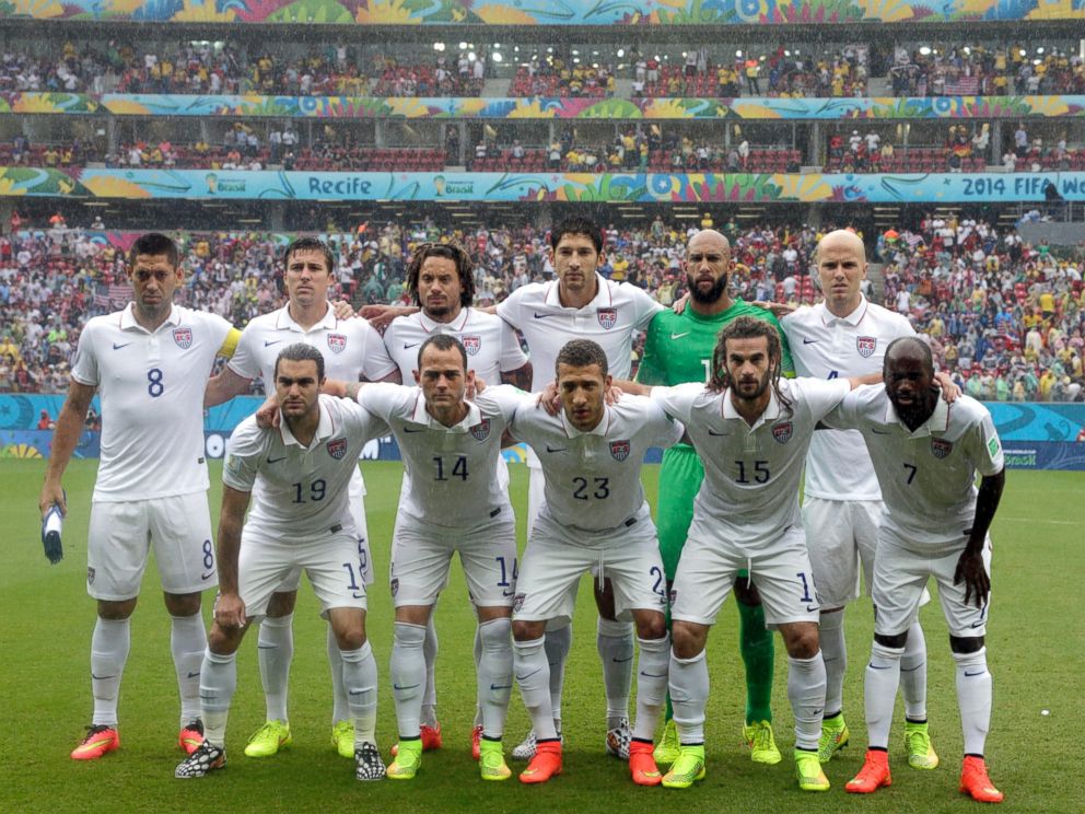 PHOTO: The USA national team pose before a match between the United States and Germany at the Arena Pernambuco in Recife, Brazil, June 26, 2014.