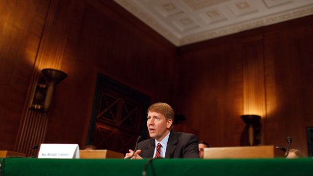 PHOTO: Richard Cordray testifies during his confirmation hearing before the Senate Banking, Housing and Urban Affairs Committee on Captiol Hill Sept. 6, 2011 in Washington, DC.