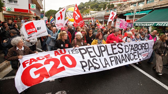 PHOTO: Anti G20 demonstrators protest against tax havens and the G20 summit,on Frances border with Monaco, Cap dAil, France, Nov. 3, 2011.