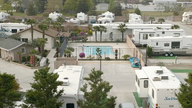 PHOTO: An overview of trailers parked in a trailer camp outside of Bakersfield, CA.