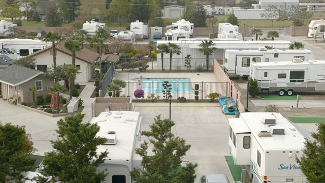 PHOTO: An overview of trailers parked in a trailer camp outside of Bakersfield, CA.