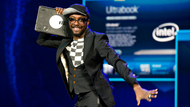 PHOTO: Entertainer will.i.am, Intel Corp.'s director of creative innovation, makes a joke about his Ultrabook being the new "ghetto blaster" during an Intel Corp. presentation at the 2012 International Consumer Electronics Show (CES) in Las Vegas, Nevada,