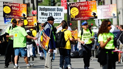 PHOTO: Activists believing that "Judgement Day" will happen on May 21, 2011, spread their word near Manhattan City hall in New York in this May 12, 2011 file photo.