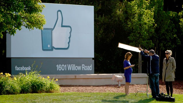 PHOTO: A television crew prepares for a broadcast in front of a 'like' sign outside Facebook headquarters on May 18, 2012 in Menlo Park, Cali.