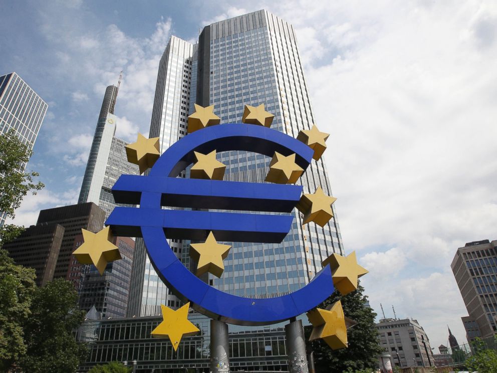 PHOTO: A huge logo of the Euro currency is seen in front of the former headquarters of the European Central Bank (ECB) in Frankfurt, Germany, on June 29, 2015. 