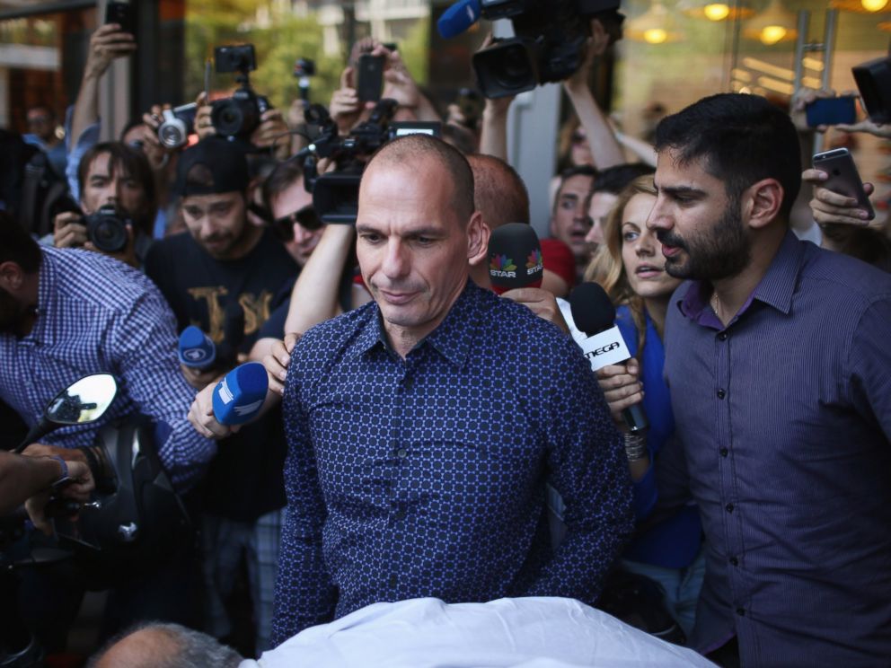 PHOTO: Former Greek finance minister Yanis Varoufakis faces the media as he leaves the finance ministry after resigning this morning on July 6, 2015 in Athens, Greece. 