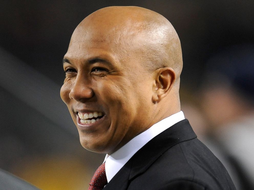 PHOTO: Announcer Hines Ward looks on before the game between the Pittsburgh Steelers and the Baltimore Ravens on Nov. 18, 2012, at Heinz Field in Pittsburgh, Pa.