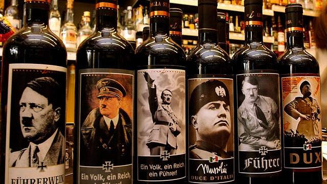 PHOTO: Bottles of Lunardelli wine with labels depicting Adolf Hitler and Benito Mussolini are displayed in a wine shop September 2003, in Bibbione near Venice, Italy.