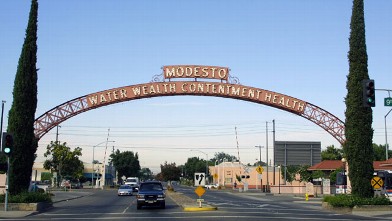 PHOTO: A view of the archway leading into the city of Modesto, CA.