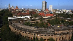 PHOTO: Aerial View of the Rajabai Clock Tower, Bombay Stock Exchange Building, Mumbai University and Mumbai City in Mumbai, Maharashtra, India.