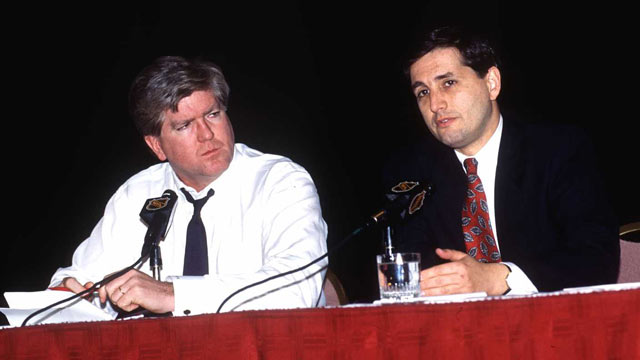 PHOTO: NHL Senior VP and Director of Hockey Operations Brian Burke and NHL Senior VP and General Counsel Jeffrey Pash speak during lockout negotiations in New York on Jan. 7, 1995.