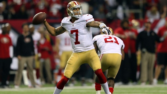PHOTO: Quarterback Colin Kaepernick #7 of the San Francisco 49ers passes the ball in the second quarter against the Atlanta Falcons in the NFC Championship game at the Georgia Dome, Jan. 20, 2013, in Atlanta.