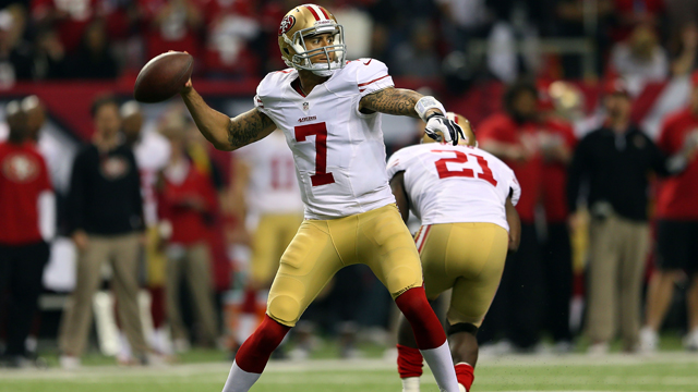 PHOTO: Quarterback Colin Kaepernick #7 of the San Francisco 49ers passes the ball in the second quarter against the Atlanta Falcons in the NFC Championship game at the Georgia Dome, Jan. 20, 2013, in Atlanta.