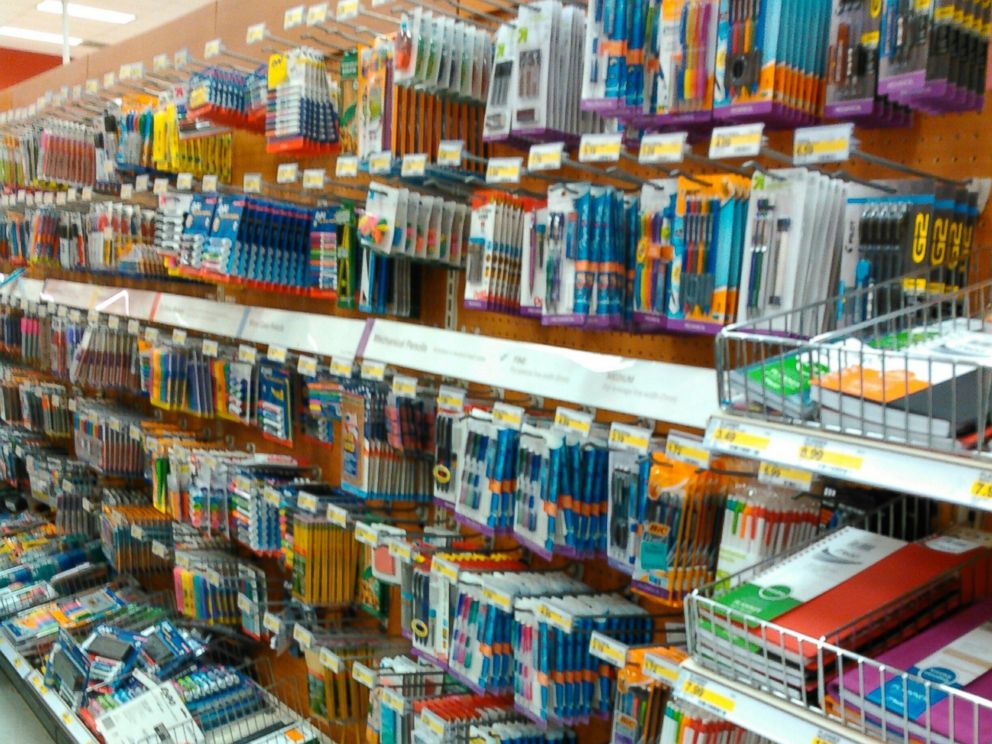 PHOTO:School supplies displayed on a shelf are seen in this undated file photo. 