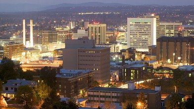 PHOTO: An evening aerial view of the city lit in Spokane, Wa.