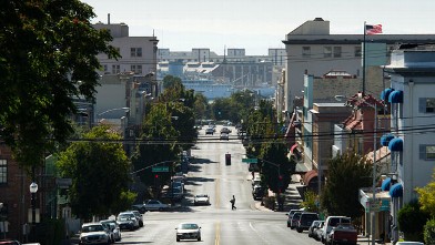 PHOTO: A pedestrian crosses Georgia Street in Vallejo, California.