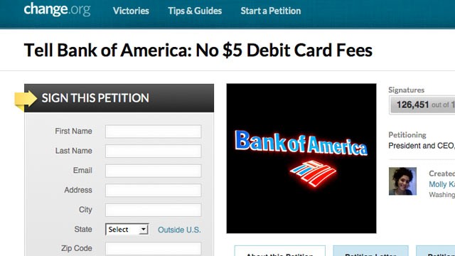 PHOTO: change.org has a petition on their website asking Bank of America to stop the $5 debit card fees.