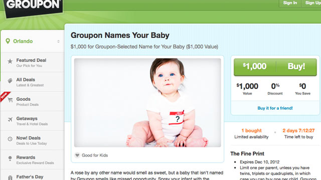 PHOTO: For $1,000, Groupon will provide a custom first name for your baby.