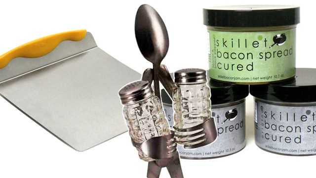 PHOTO: King Arthur Flour pastry scraper, Green Feet salt & pepper shaker, and Skillet Street Foods bacon spreads are shown.