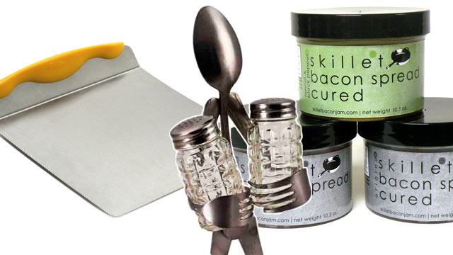 PHOTO: King Arthur Flour pastry scraper, Green Feet salt & pepper shaker, and Skillet Street Foods bacon spreads are shown.
