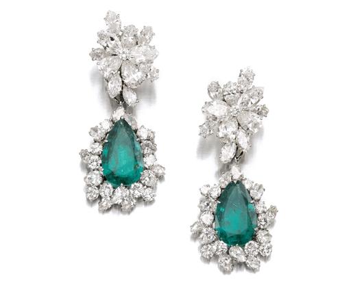 A pair of emerald and diamond pendent ear clips from Bulgari, 1964, sold for over $306,600. Jewels From The Collection of Gina Lollobrigida
