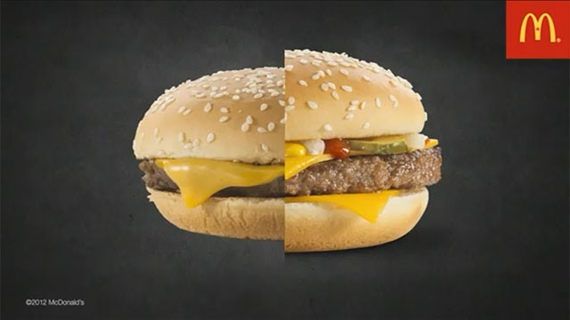 PHOTO: McDonalds has posted a video explaining how a normal burger, left, is transformed by an advertising agency into something bigger and more appealing.