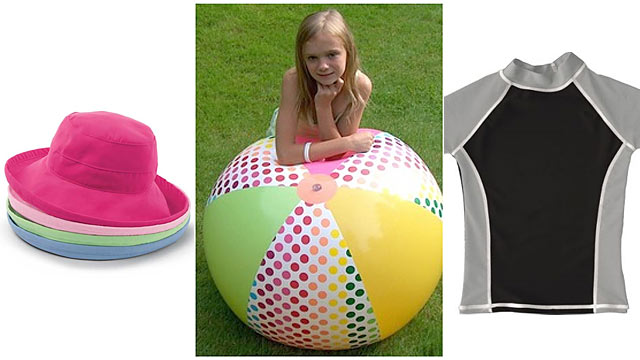 PHOTO: Left, Wallaroo Hats Casual Traveler center, D&L Toys Spotted Beach Ball right, grUVywear T-Shirt.