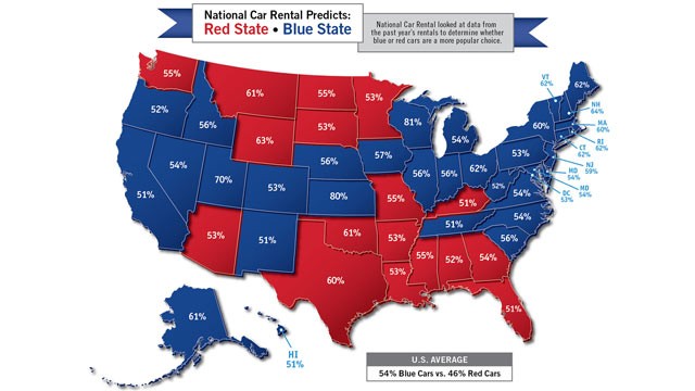PHOTO: National Car Rental map shows the customers choice of either red or blue rental cars across the 50 states.