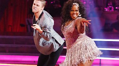 PHOTO: Derek Hough and Amber Riley, an actress from "Glee", are seen doing the Cha Cha on the premiere of "Dancing with the Stars", which aired on Sept. 17, 2013.
