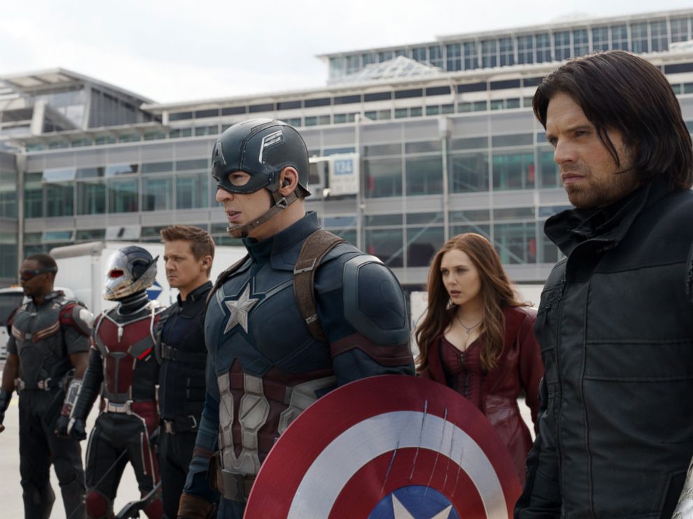 PHOTO: Anthony Mackie, from left, Paul Rudd, Jeremy Renner, Chris Evans, Elizabeth Olsen and Sebastian Stan appear in a scene from Disneys Captain America: Civil War.