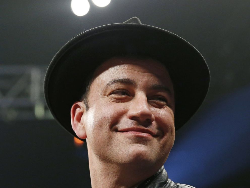 PHOTO: Comedian Jimmy Kimmel joins the crowd before the start of the world welterweight championship bout between Floyd Mayweather Jr., and Manny Pacquiao, on Saturday, May 2, 2015 in Las Vegas.