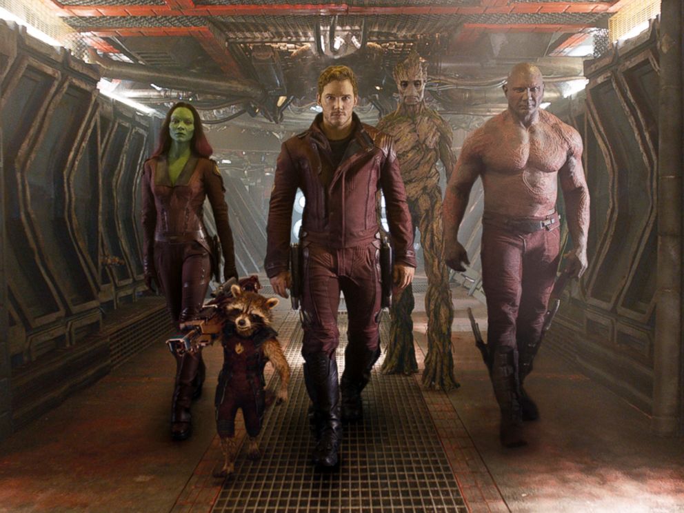 PHOTO: This image released by Disney - Marvel shows, from left, Zoe Saldana, the character Rocket Raccoon, voiced by Bradley Cooper, Chris Pratt, the character Groot, voiced by Vin Diesel and Dave Bautista in a scene from Guardians of the Galaxy.