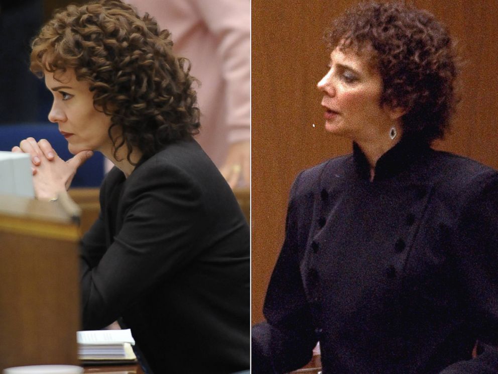 PHOTO:Left, Sarah Paulson portrays Marcia Clark in a scene from The People v. O.J. Simpson: American Crime Story. Right, Marcia Clark looks on as evidence is presented to the jury in the O.J. Simpson double murder trial, March 10, 1995.