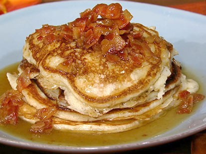 Daphne Oz's bacon pancakes with maple bourbon butter sauce is shown here.