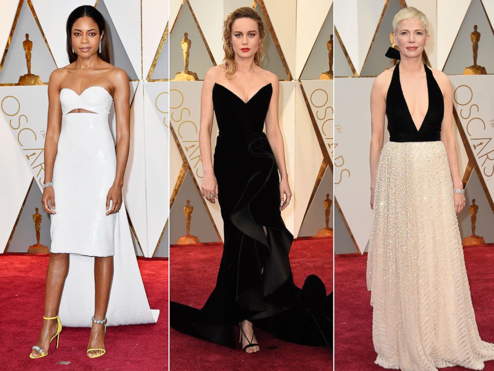 PHOTO: (L-R) Naomie Harris, Brie Larson and Michelle Williams arrive at the Oscars, Feb. 26, 2017, at the Dolby Theater in Los Angeles.