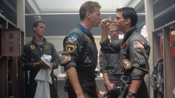 PHOTO: American actors Val Kilmer and Tom Cruise on the set of Top Gun, directed by Tony Scott,1986.