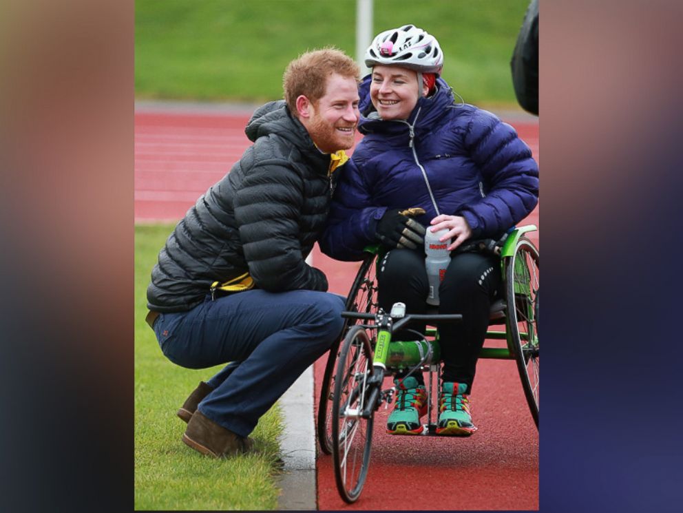 PHOTO: Prince Harry chats to Anna Pollack (RAF medic) a competitor at the Invictus Games Orlando British team trials at the University of Bath on Jan. 29, 2016 in Bath, England.