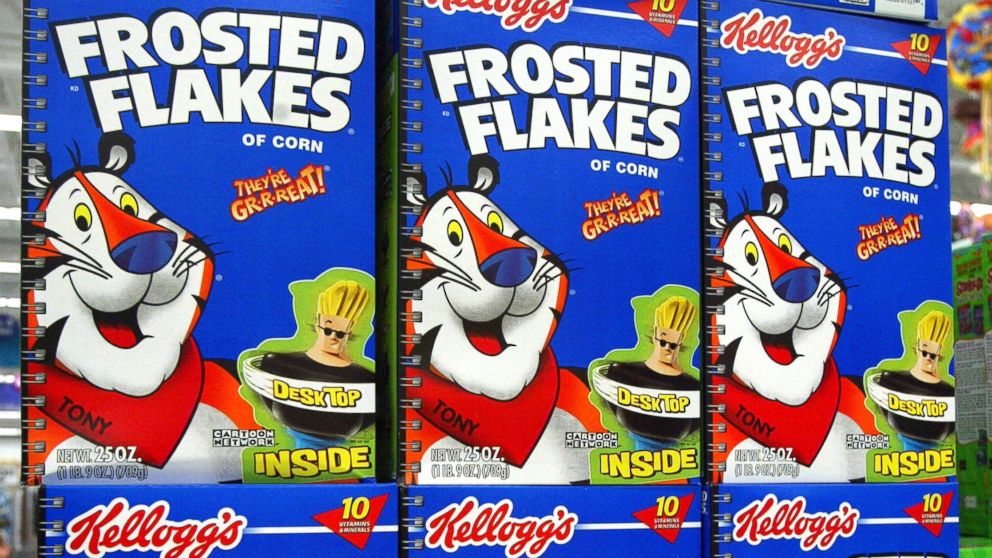 PHOTO: Boxes of Kelloggs Frosted Flakes cereal are pictured on July 28, 2003 in Rolling Meadows, Ill.