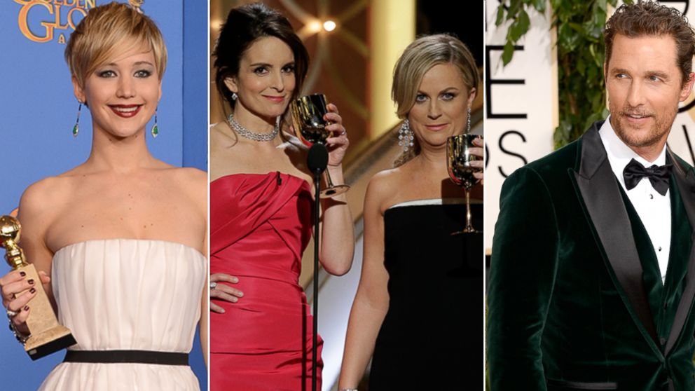 PHOTO: From left, Jennifer Lawrence, Tina Fey, Amy Poehler and Matthew McConaughey at the Golden Globes, Jan, 12, 2014.