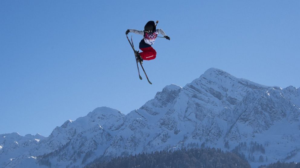 PHOTO: U.S. Olympic freestyle skier Keri Herman flies off the final jump during the ladies ski slopestyle training on Feb. 5, 2014 in Sochi, Russia.