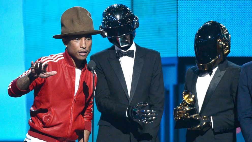 PHOTO: From left, Pharrell Williams is pictured with Thomas Bangalter and Guy-Manuel de Homem-Christo of Daft Punk during the 56th GRAMMY Awards on Jan. 26, 2014 in Los Angeles, Calif.