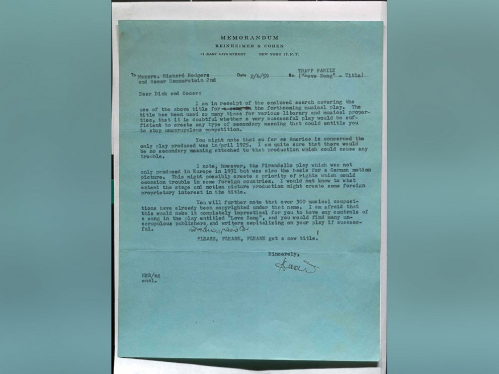 PHOTO: A telegram from a lawyer for Rodgers and Hammerstein asking them to change the title Love Song.