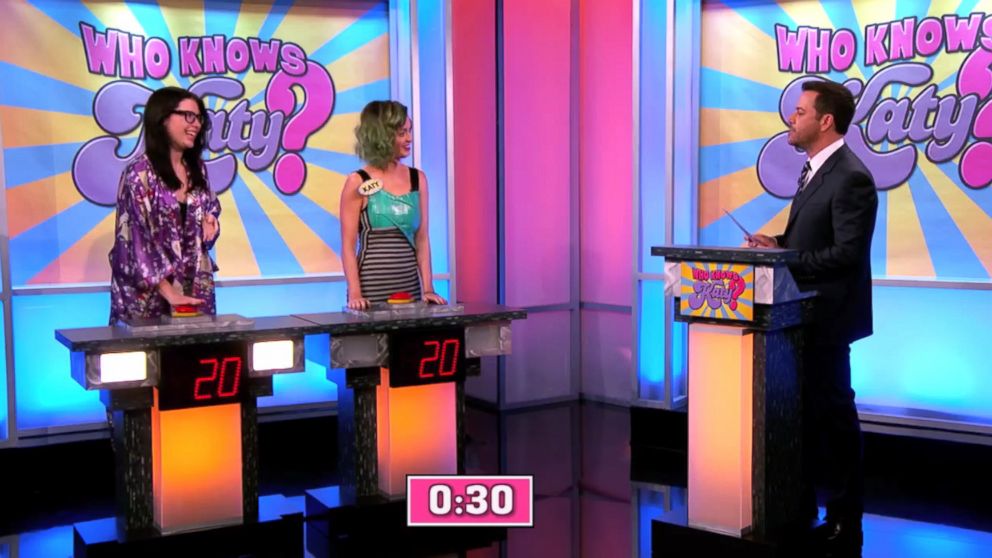 PHOTO: Katy Perry faces off in a trivia contest against one of her biggest fans, Emily, on "Jimmy Kimmel Live," April 21, 2014.