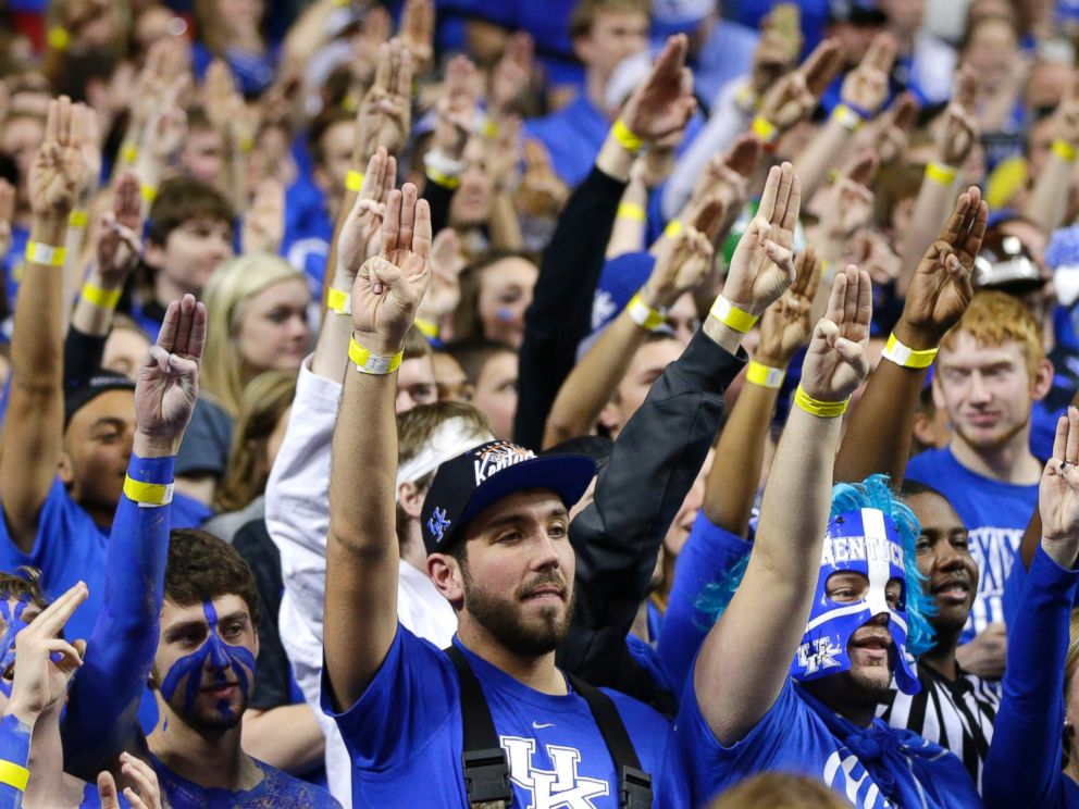 PHOTO: The eRupption zone , UKs student section, salutes Josh Hutcherson with a symbol from the Hunger Games as Kentucky defeats Louisville 73-66 on Dec. 28, 2013 in Lexington, Ky.
