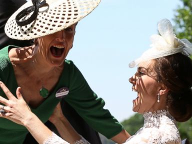 The Countess of Wessex, Sophie, accidentally falls onto Kate, Duchess of Cambridge, at Ascot