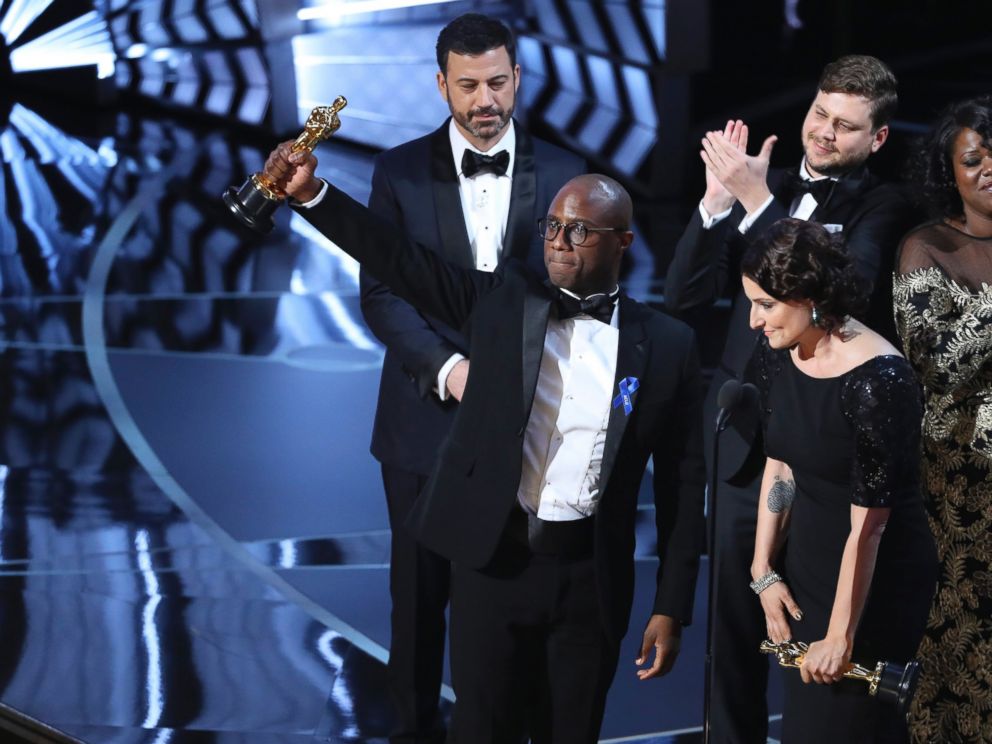 PHOTO: Writer and Director Barry Jenkins of Moonlight holds up the Best Picture Oscar.