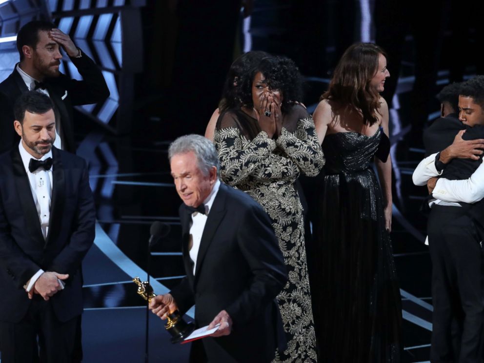 PHOTO: Members of the casts and crew from Moonlight react as presenter Warren Beatty announces that Moonlight won the Best Picture award at the 89th Academy Awards, Feb. 26, 2017.