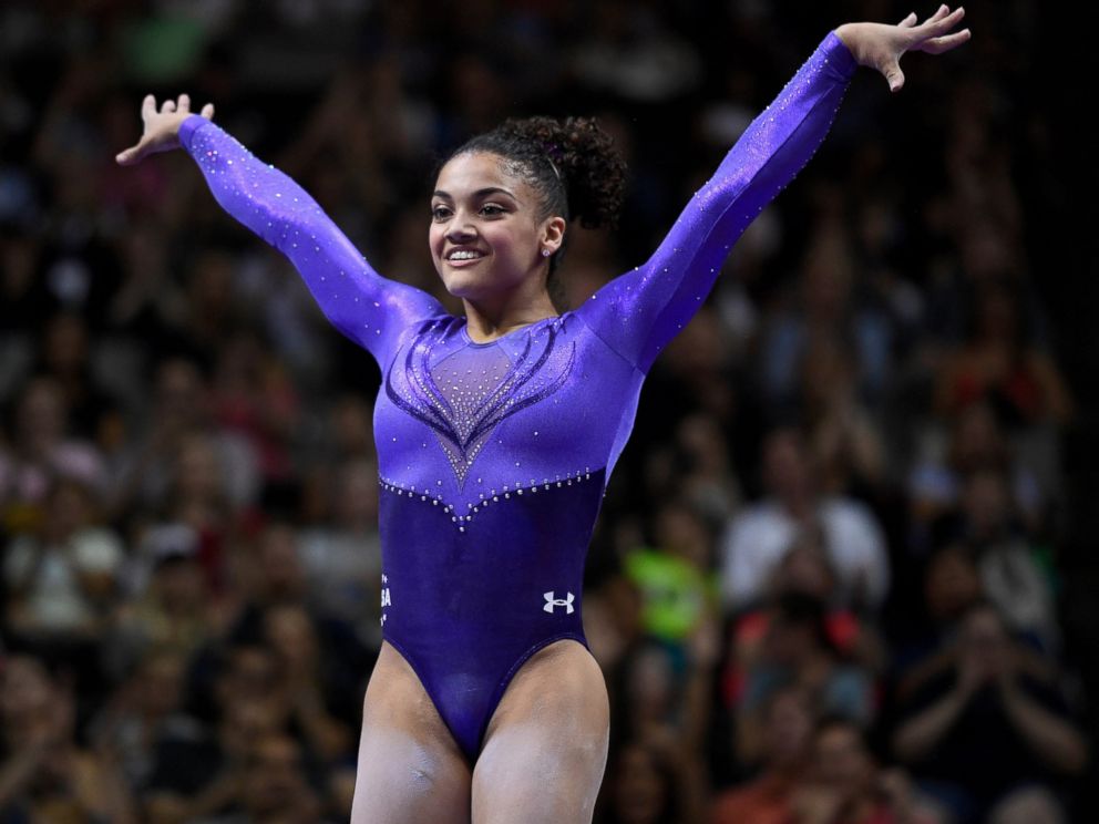 PHOTO: Laurie Hernandez reacts after completing her balance beam routine in the womens gymnastics U.S. Olympic team trials at SAP Center, July 8, 2016 in San Jose, California. 