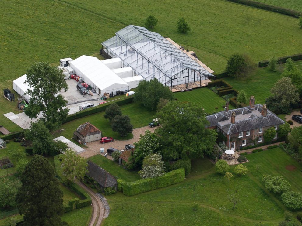 Aerials views of the Middleton family home in Bucklebury, UK where a gigantic conservatory-style marquee dominates the surrounding gardens. Preparations continue for the upcoming wedding of Pippa Middleton to James Matthews. 